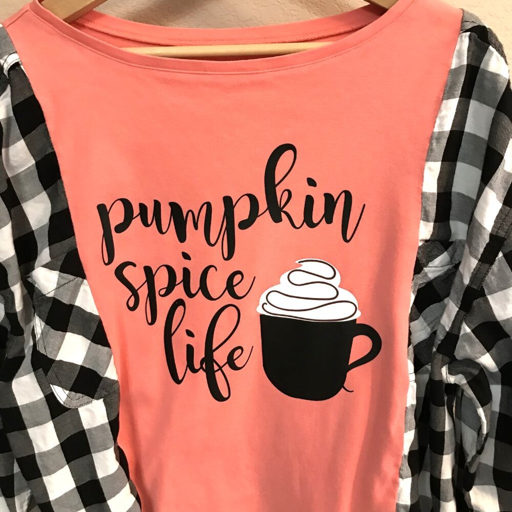 Upcycled Flannel Shirt Oversized Autumn Pumpkin Spice Coffee Graphic Size M-L - Picture 9 of 10